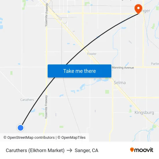 Caruthers (Elkhorn Market) to Sanger, CA map