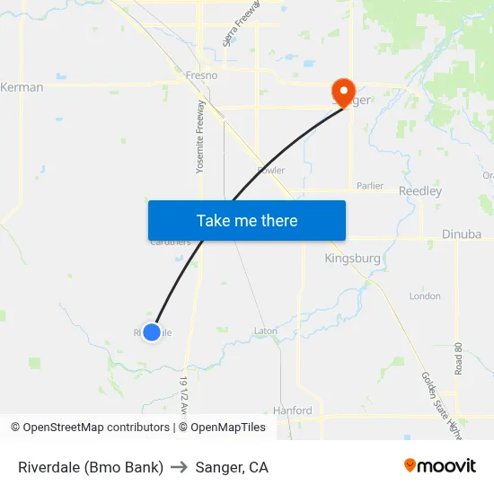 Riverdale (Bmo Bank) to Sanger, CA map