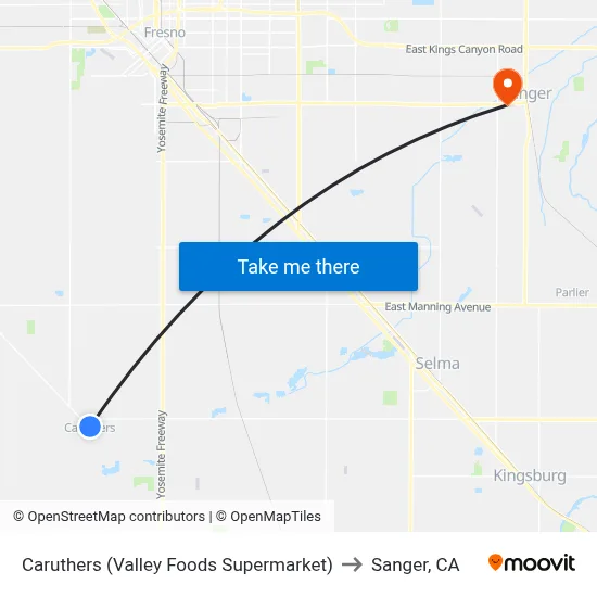 Caruthers (Valley Foods Supermarket) to Sanger, CA map