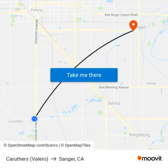 Caruthers (Valero) to Sanger, CA map