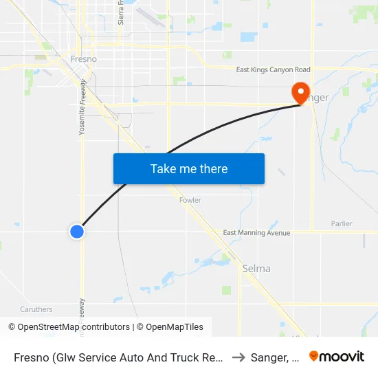 Fresno (Glw Service Auto And Truck Repair) to Sanger, CA map
