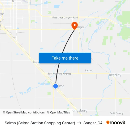 Selma (Selma Station Shopping Center) to Sanger, CA map