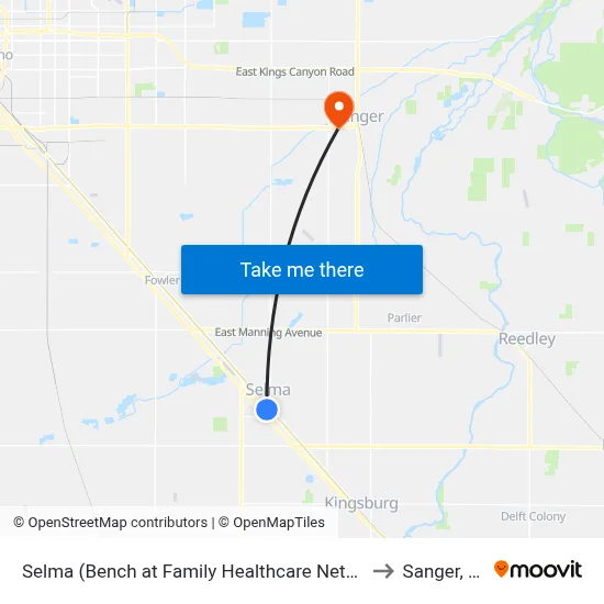 Selma (Bench at Family Healthcare Network) to Sanger, CA map