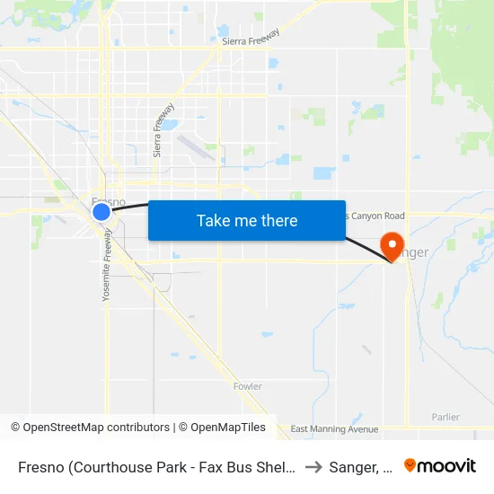 Fresno (Courthouse Park - Fax Bus Shelter L) to Sanger, CA map