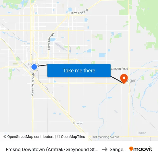 Fresno Downtown (Amtrak/Greyhound Station Bus Shelter) to Sanger, CA map