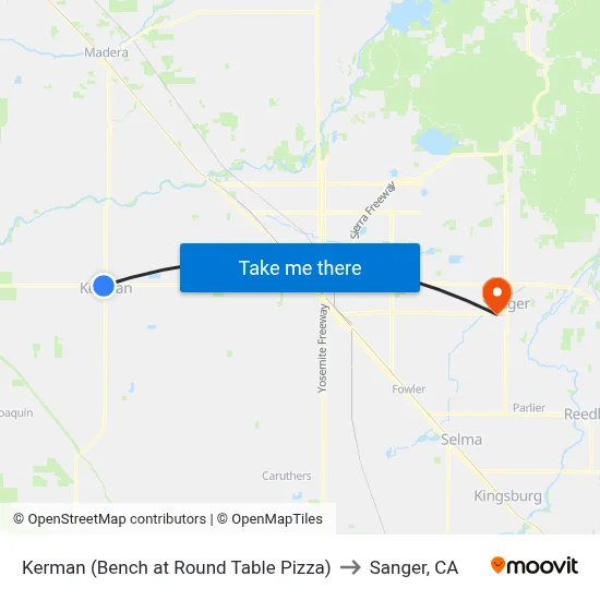 Kerman (Bench at Round Table Pizza) to Sanger, CA map