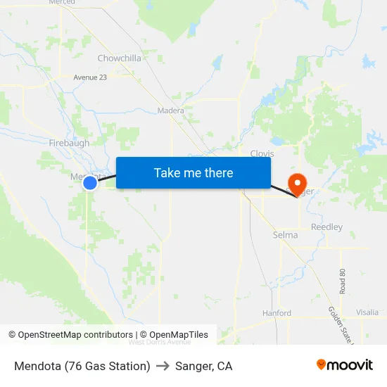 Mendota (76 Gas Station) to Sanger, CA map
