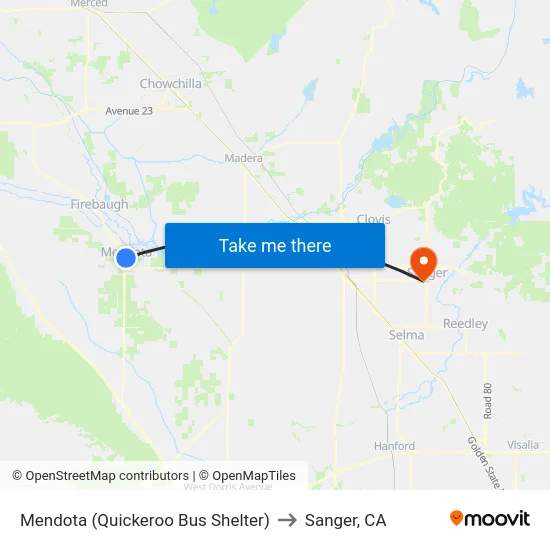 Mendota (Quickeroo Bus Shelter) to Sanger, CA map
