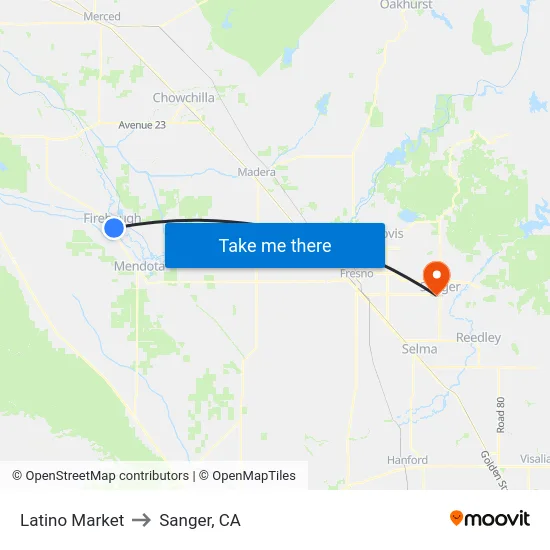 Latino Market to Sanger, CA map
