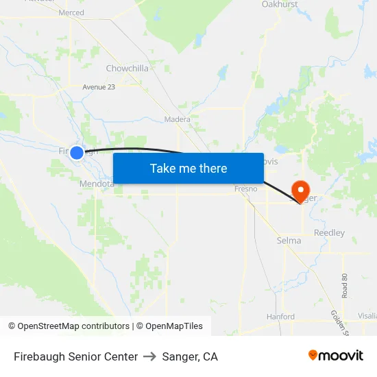 Firebaugh Senior Center to Sanger, CA map