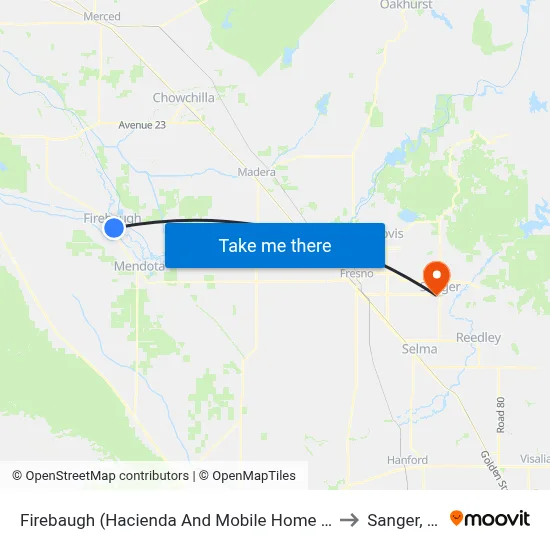 Firebaugh (Hacienda And Mobile Home Park) to Sanger, CA map