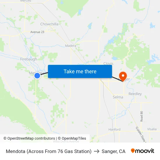 Mendota (Across From 76 Gas Station) to Sanger, CA map