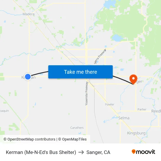 Kerman (Me-N-Ed's Bus Shelter) to Sanger, CA map