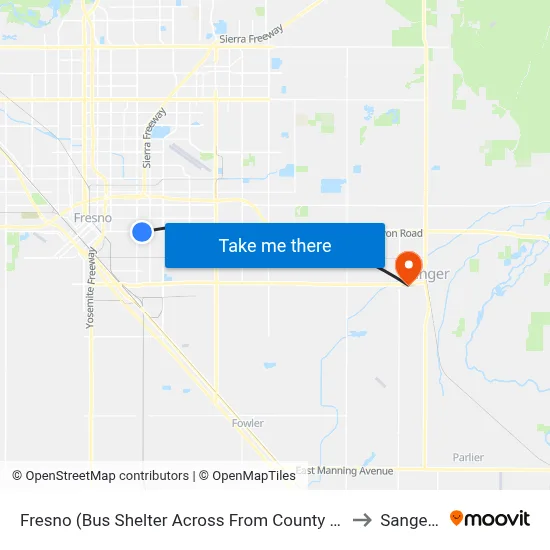 Fresno (Bus Shelter Across From County Social Services) to Sanger, CA map