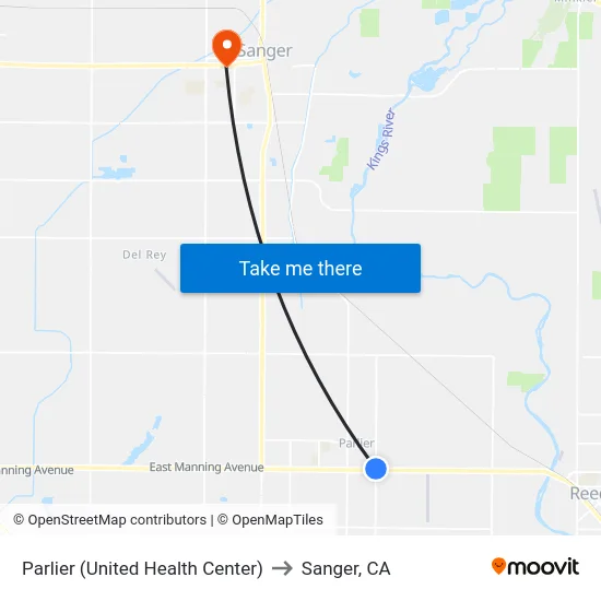 Parlier (United Health Center) to Sanger, CA map