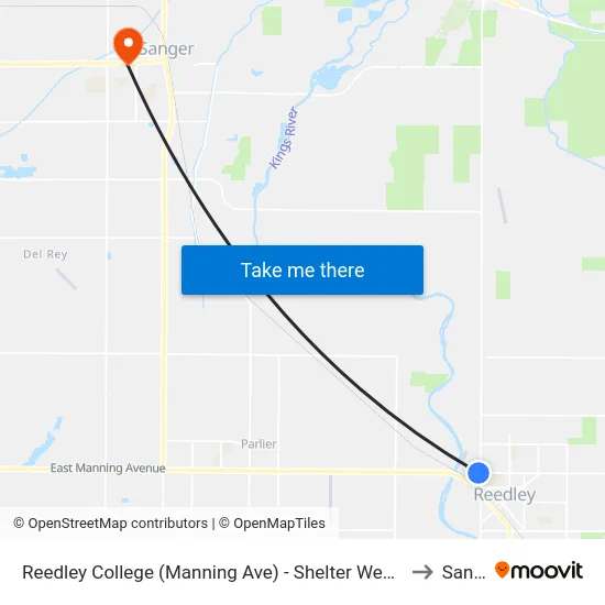 Reedley College (Manning Ave) - Shelter West Of Driveway To Parking Lot B on E Manning Ave to Sanger, CA map