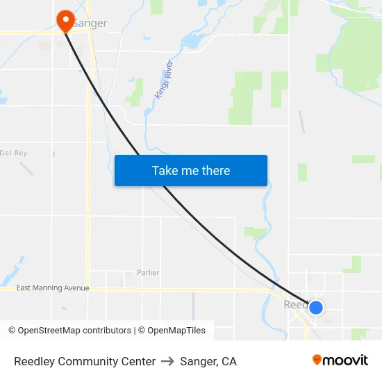 Reedley Community Center to Sanger, CA map