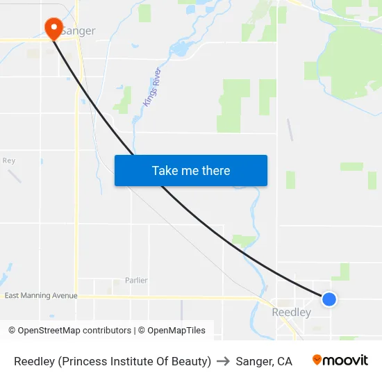 Reedley (Princess Institute Of Beauty) to Sanger, CA map