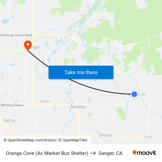 Orange Cove (Ac Market Bus Shelter) to Sanger, CA map