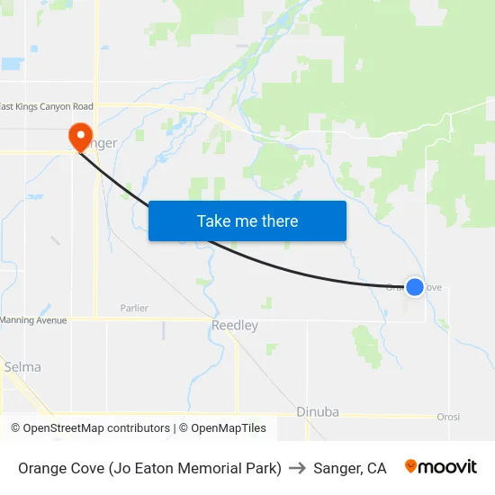Orange Cove (Jo Eaton Memorial Park) to Sanger, CA map