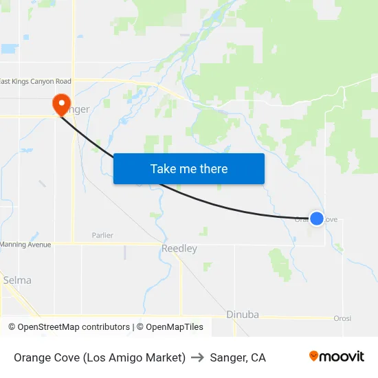 Orange Cove (Los Amigo Market) to Sanger, CA map