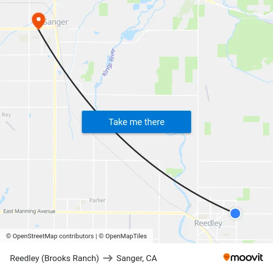 Reedley (Brooks Ranch) to Sanger, CA map