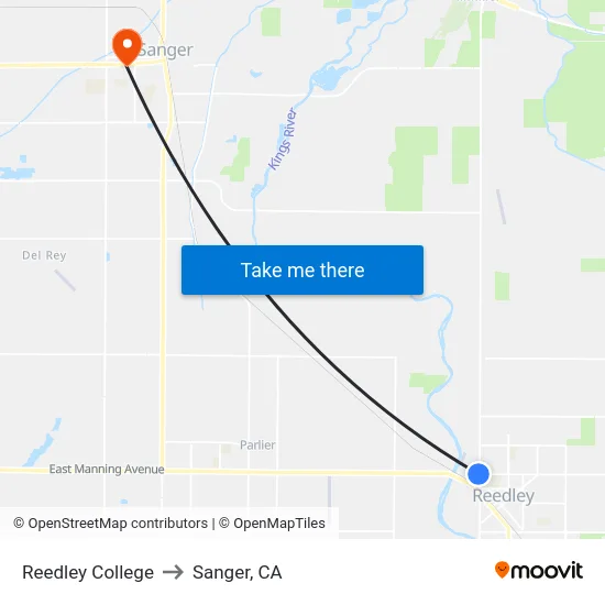 Reedley College to Sanger, CA map