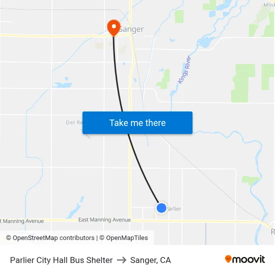 Parlier City Hall Bus Shelter to Sanger, CA map