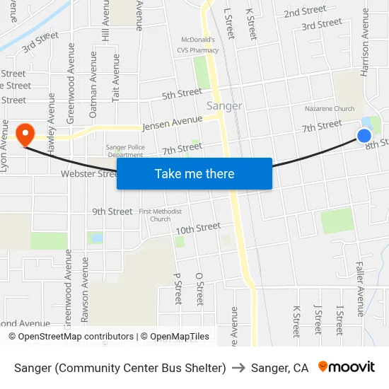 Sanger (Community Center Bus Shelter) to Sanger, CA map