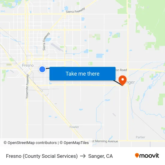 Fresno (County Social Services) to Sanger, CA map