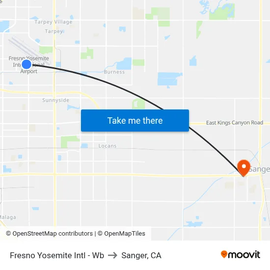 Fresno Yosemite Intl - Wb to Sanger, CA map