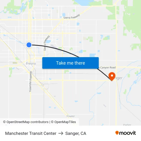 Manchester Transit Center to Sanger, CA map