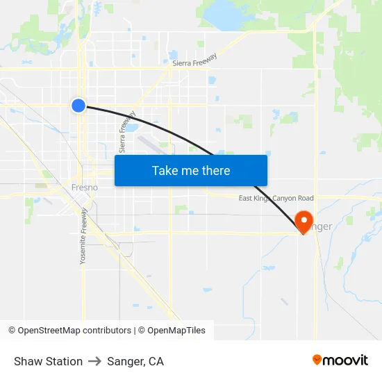 Shaw Station to Sanger, CA map