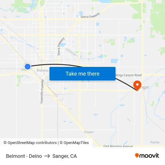 Belmont - Delno to Sanger, CA map