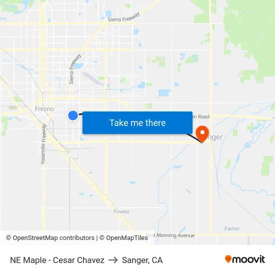 NE Maple - Cesar Chavez to Sanger, CA map