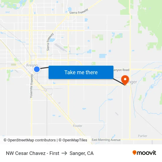 NW Cesar Chavez - First to Sanger, CA map