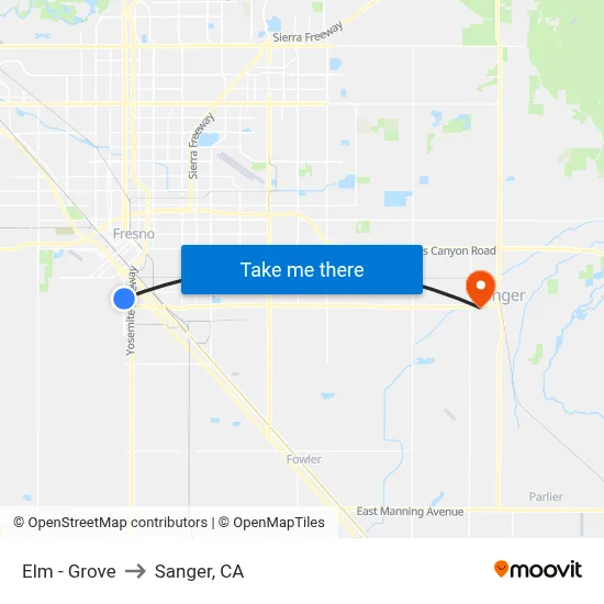 Elm - Grove to Sanger, CA map