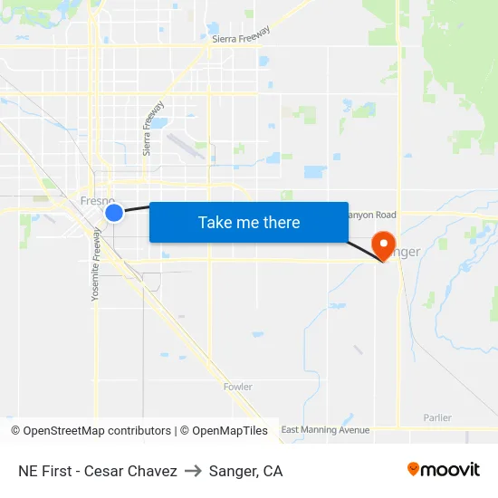 NE First - Cesar Chavez to Sanger, CA map