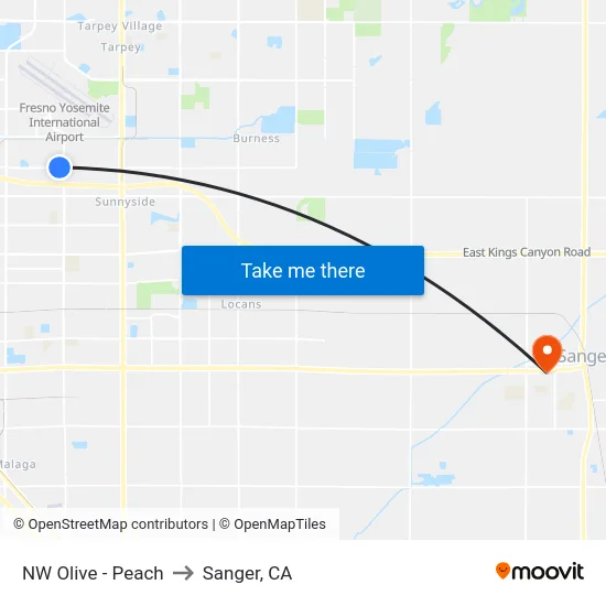 NW Olive - Peach to Sanger, CA map