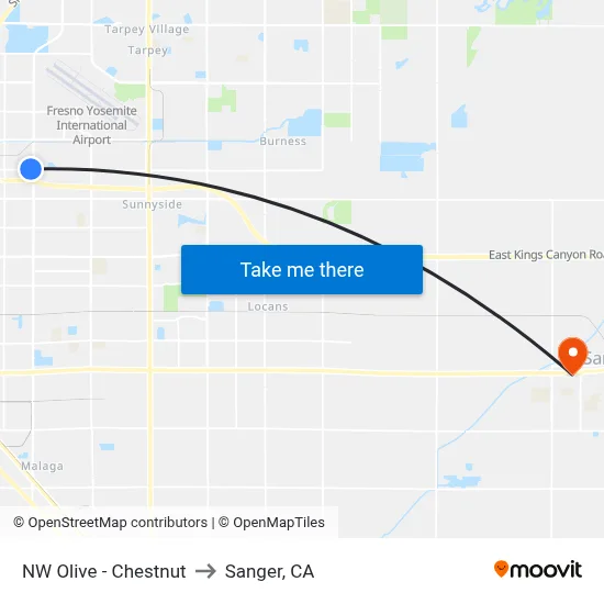 NW Olive - Chestnut to Sanger, CA map