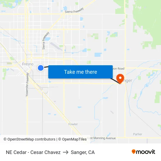 NE Cedar - Cesar Chavez to Sanger, CA map