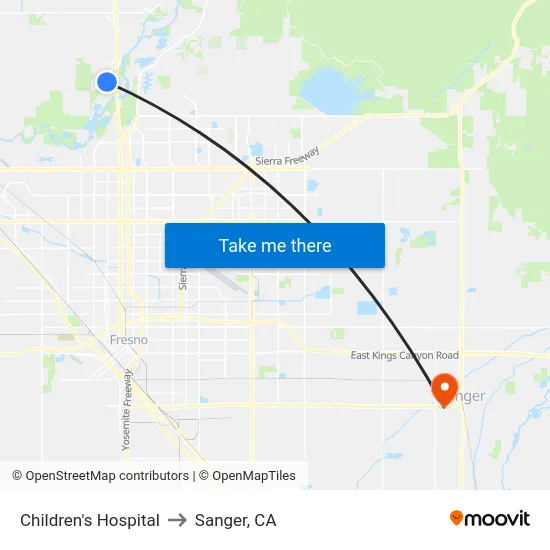 Children's Hospital to Sanger, CA map