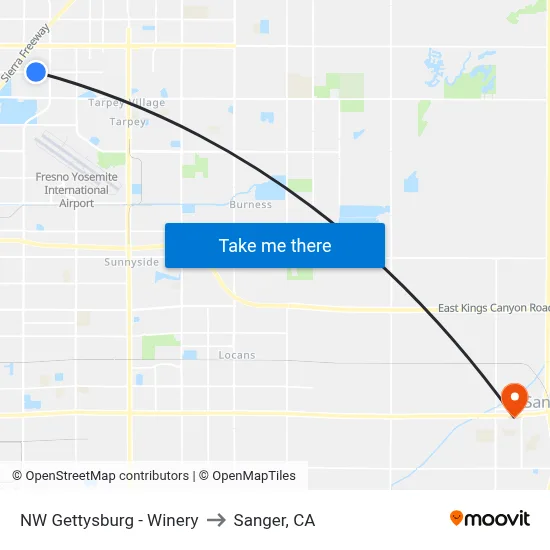 NW Gettysburg - Winery to Sanger, CA map
