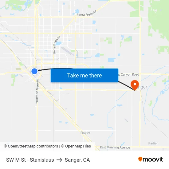 SW M St - Stanislaus to Sanger, CA map
