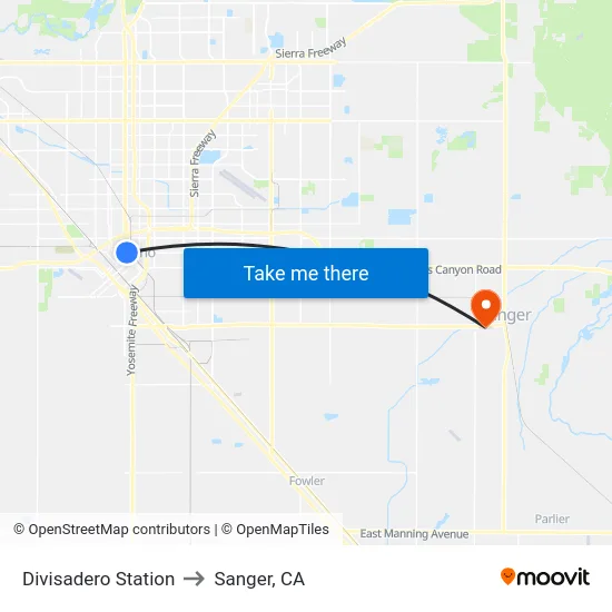 Divisadero Station to Sanger, CA map