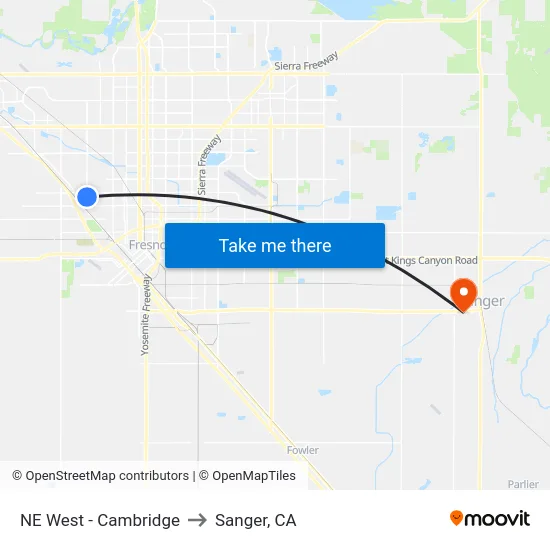 NE West - Cambridge to Sanger, CA map