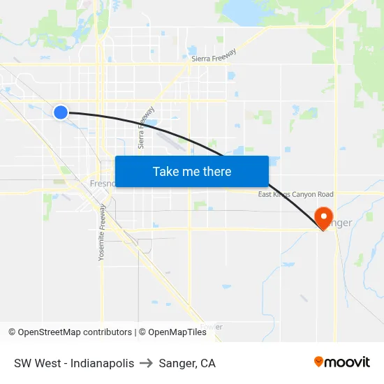 SW West - Indianapolis to Sanger, CA map