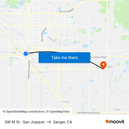 SW M St - San Joaquin to Sanger, CA map