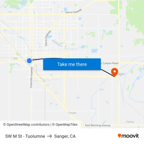 SW M St - Tuolumne to Sanger, CA map