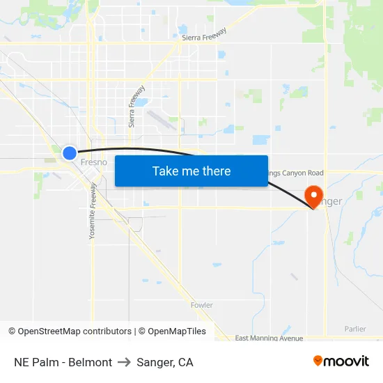 NE Palm - Belmont to Sanger, CA map